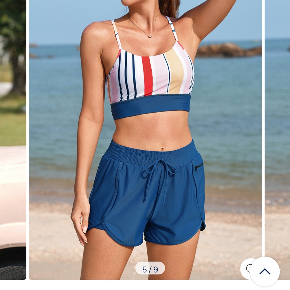 Striped Multi-Color Bikini Top with Navy Blue Swim Shorts